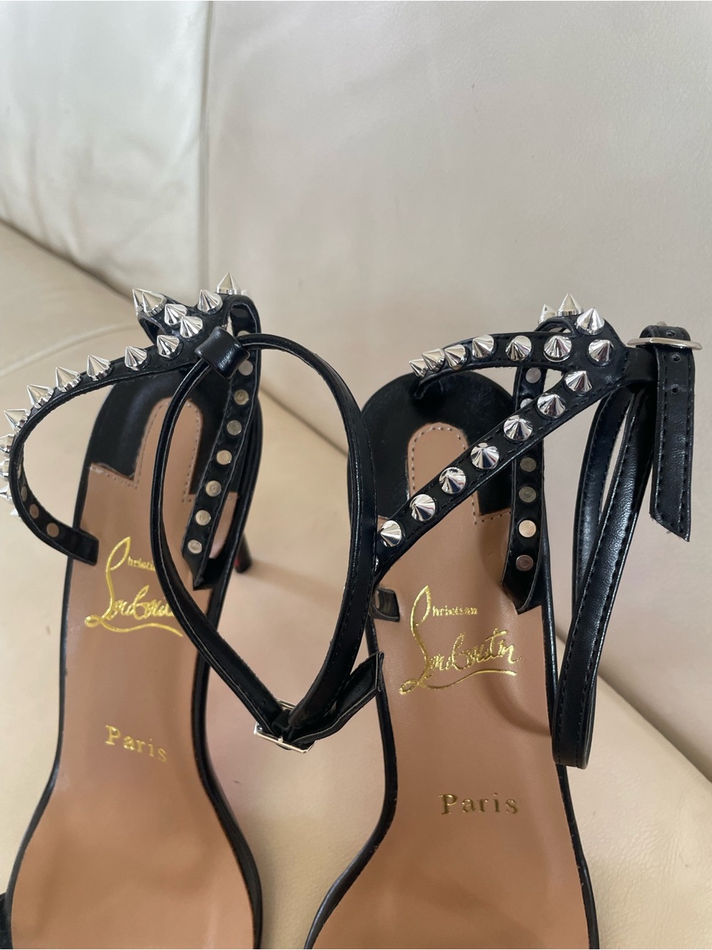 Christian Louboutin So Me 100 - Black Spike-Trim Ankle-Strap Heels, Sz 12 / EU43 - Picture 4 of 16